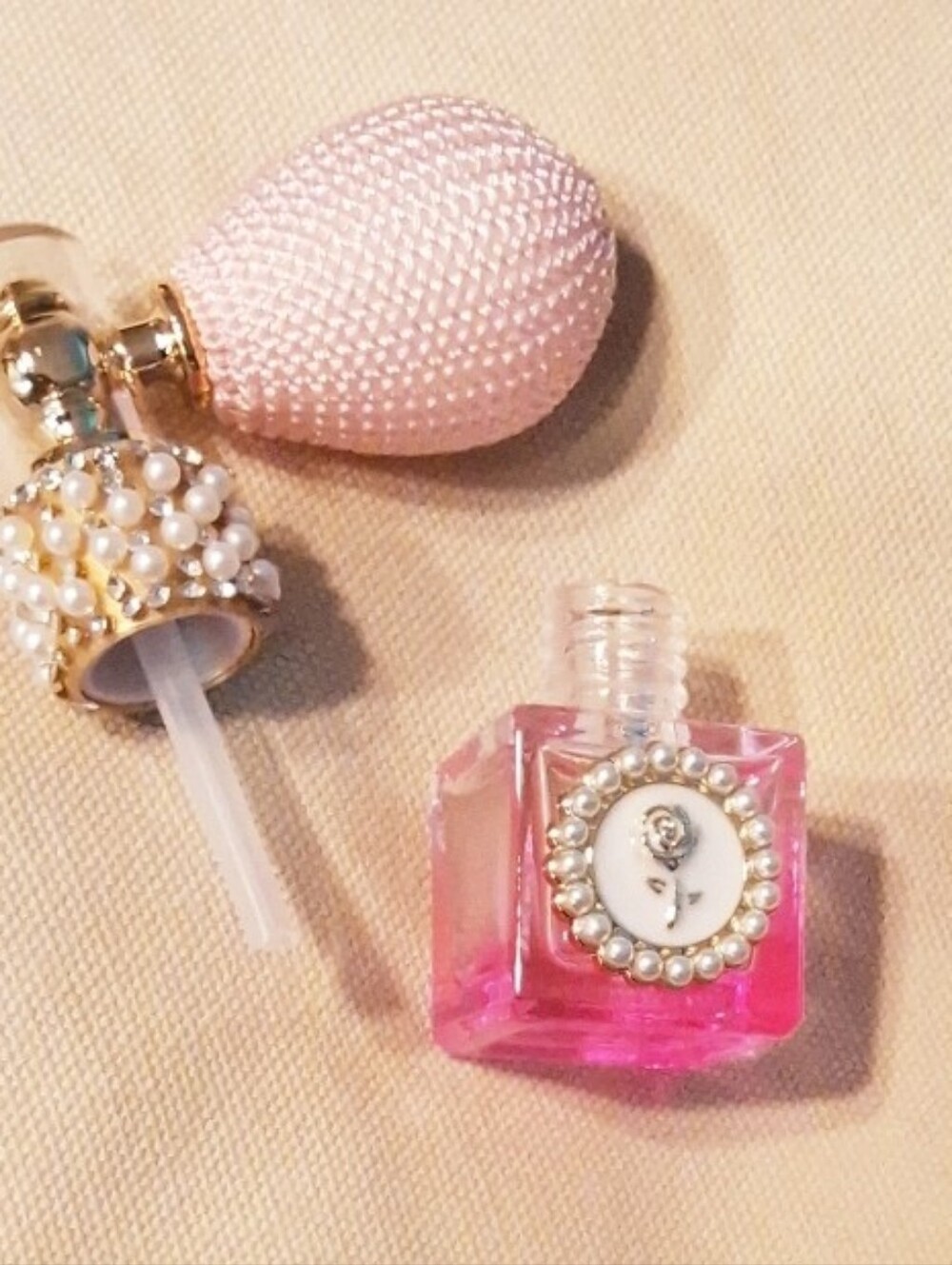 Pink Square Atomizer Perfume Bottle with Vintage Inspired Bulb Spray